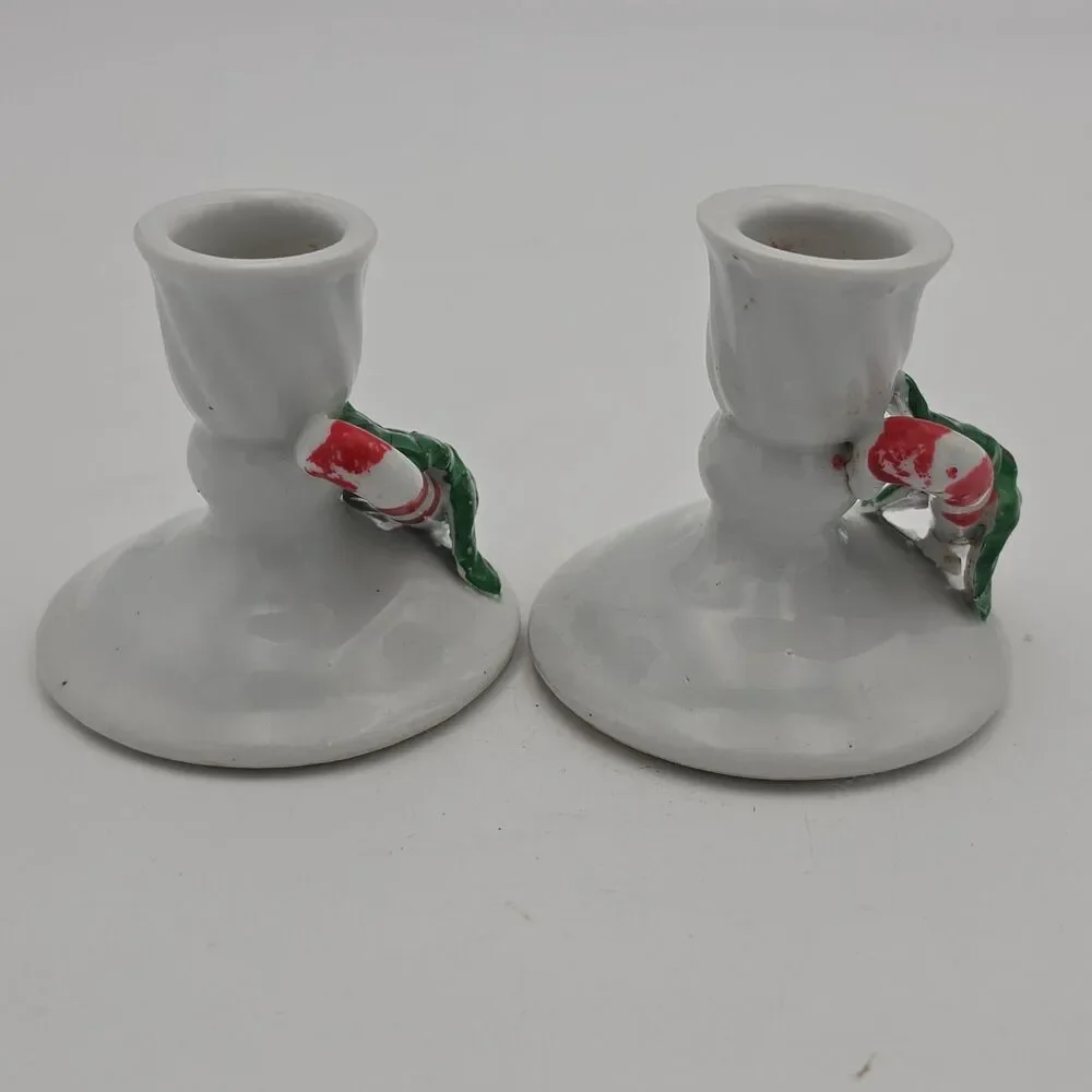 Vintage Christmas Ceramic Taper Candle Holders Set of 2 Candy Cane Holly